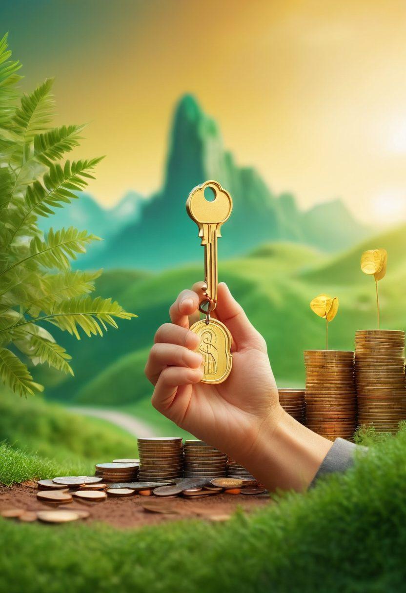 An open hand holding a golden key, symbolizing financial independence, surrounded by stacks of coins and a glowing credit score gauge. In the background, a lush green path leading toward a bright horizon, representing opportunities. The scene should feel uplifting and inspiring. super-realistic. vibrant colors. soft gradient background.