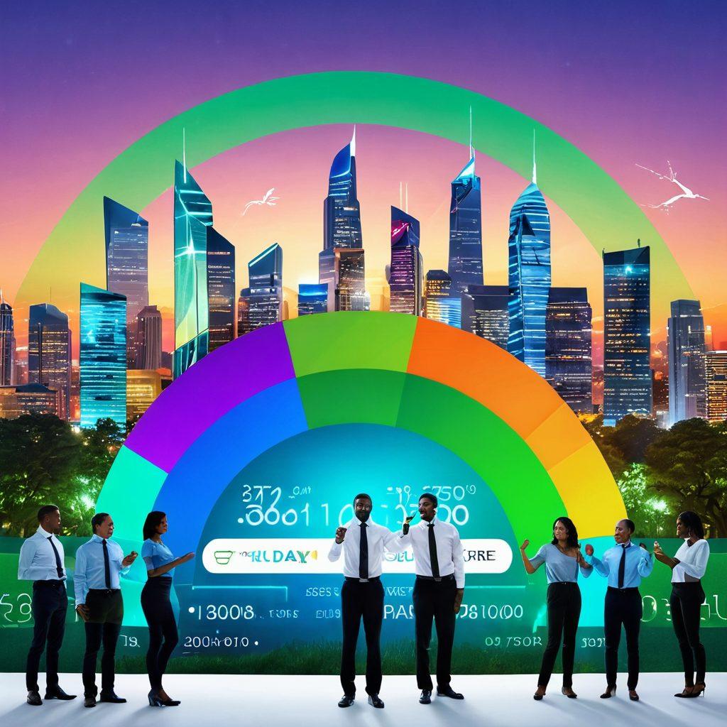 A futuristic digital interface showcasing a glowing credit score dashboard with vibrant graphs and analytics, surrounded by diverse individuals in a celebratory pose, symbolizing financial empowerment. The backdrop features a skyline of modern buildings and green landscapes indicating prosperity. Emphasize a sense of freedom and achievements in finances. super-realistic. vibrant colors. white background.