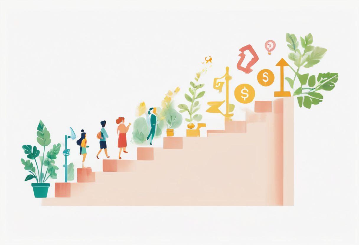 A gradual staircase ascending where each step symbolizes a different credit improvement strategy, adorned with subtle icons like a piggy bank, a checklist, and upward arrows. The background shows a diverse group of people discussing financial tips, surrounded by greenery symbolizing growth. Bright, uplifting colors convey positivity and hope without cost. flat design. vibrant colors. white background.